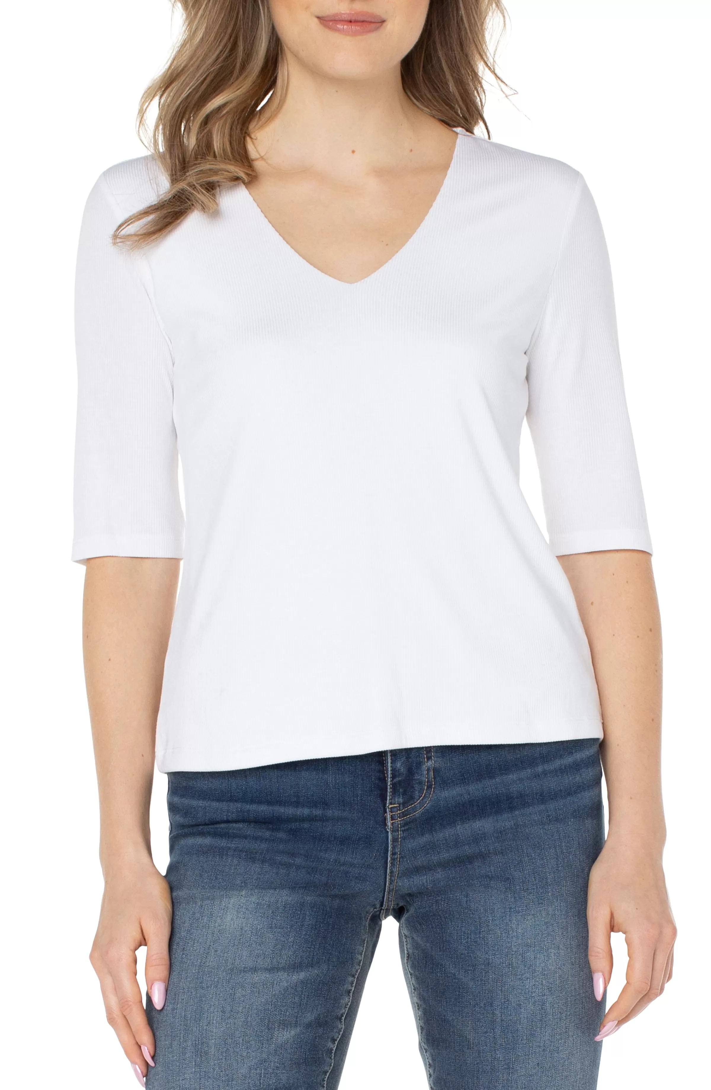 DOUBLE LAYER V-NECK RIB KNIT TOP*Liverpool Los Angeles Sale