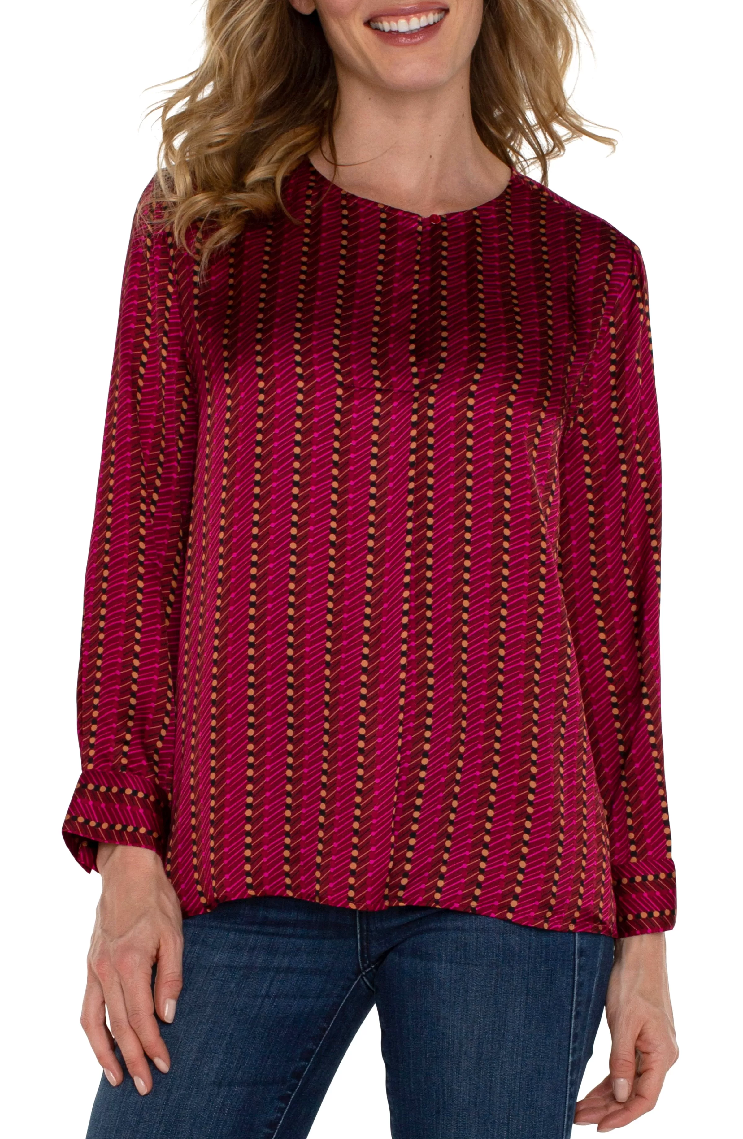 LONG SLEEVE POPOVER WOVEN BLOUSE*Liverpool Los Angeles Best Sale