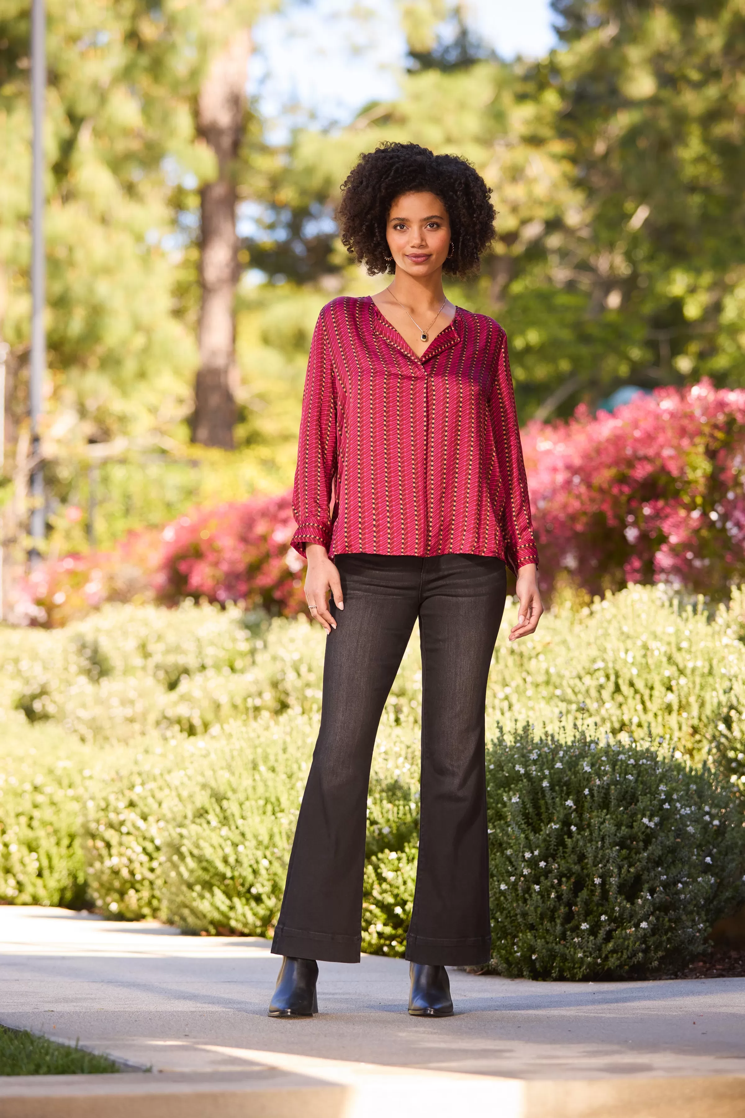 LONG SLEEVE POPOVER WOVEN BLOUSE*Liverpool Los Angeles Best Sale