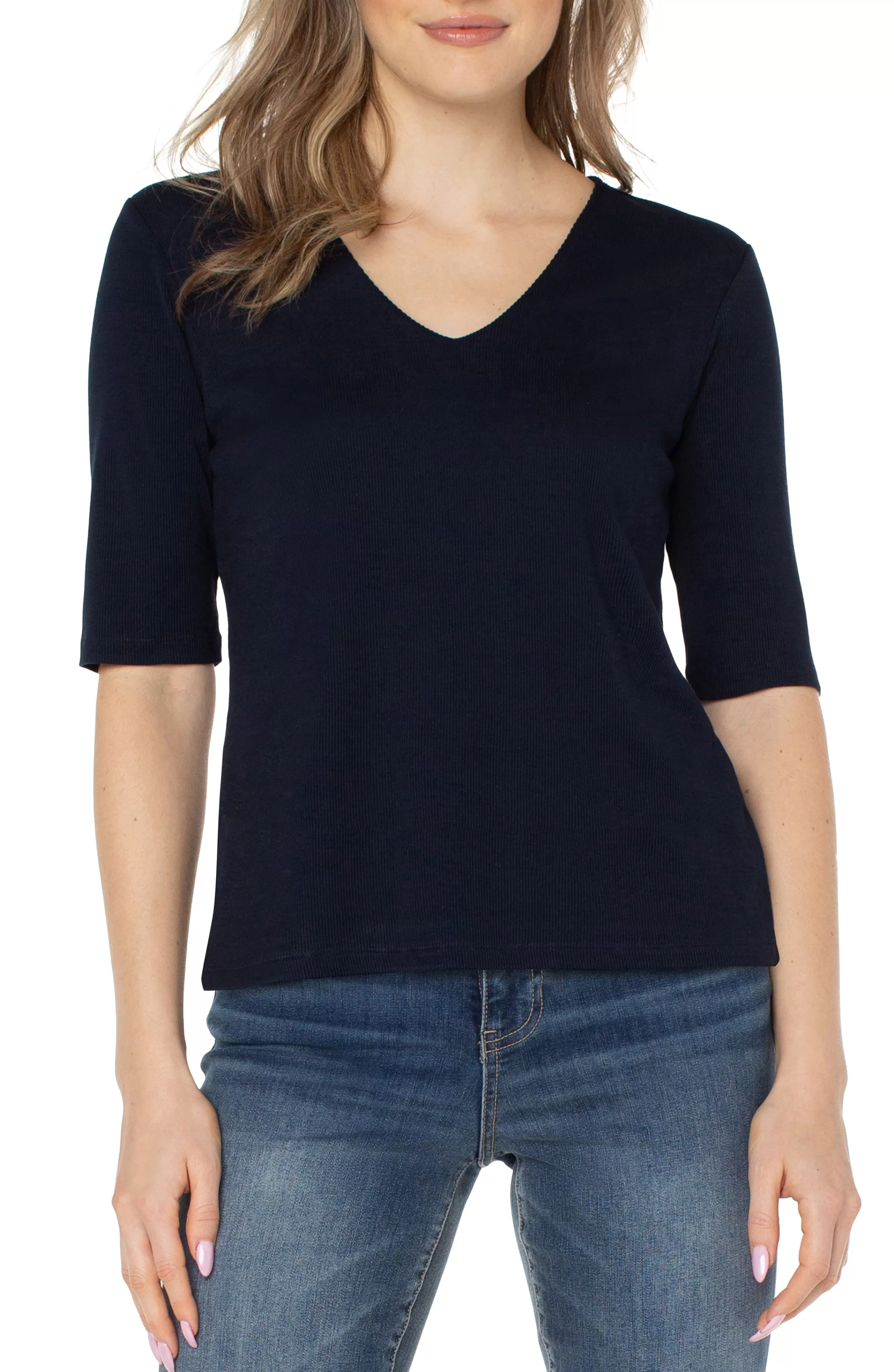 PETITE DOUBLE LAYER V-NECK RIB KNIT TOP*Liverpool Los Angeles Sale