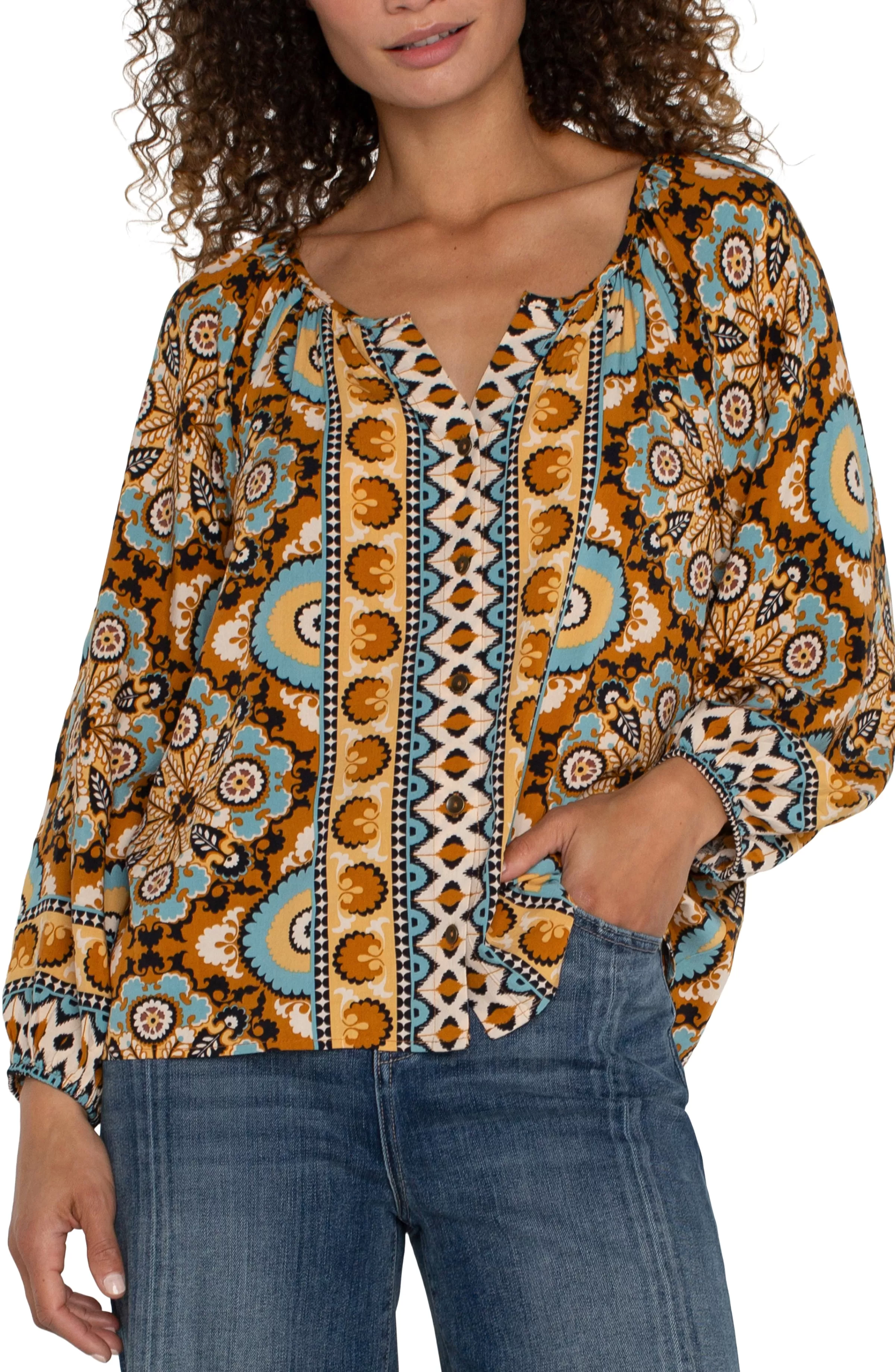 PETITE LONG SLEEVE BUTTON FRONT WOVEN BLOUSE*Liverpool Los Angeles Online