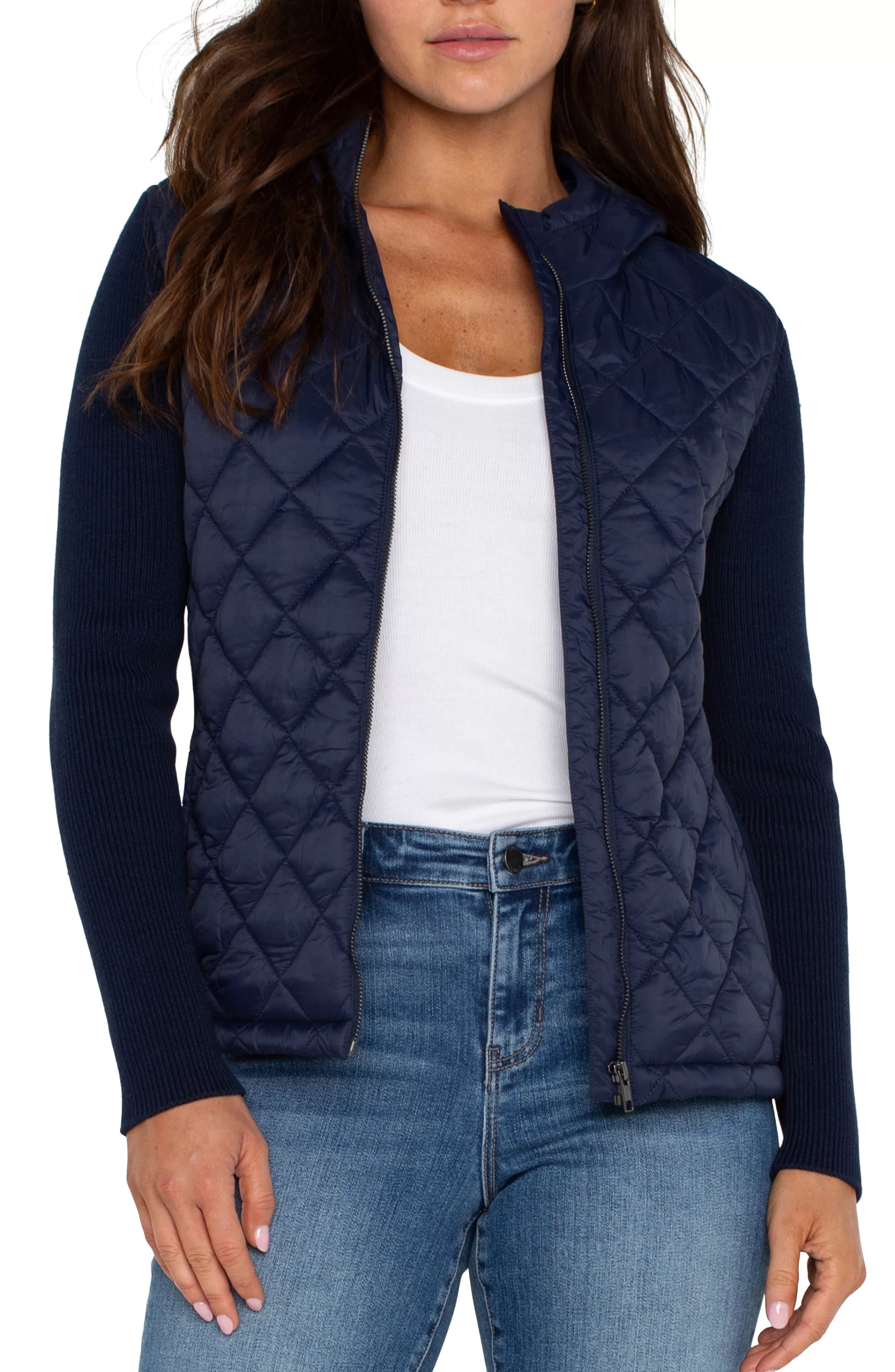 QUILTED FRONT FULL ZIP HOODED SWEATER*Liverpool Los Angeles Flash Sale