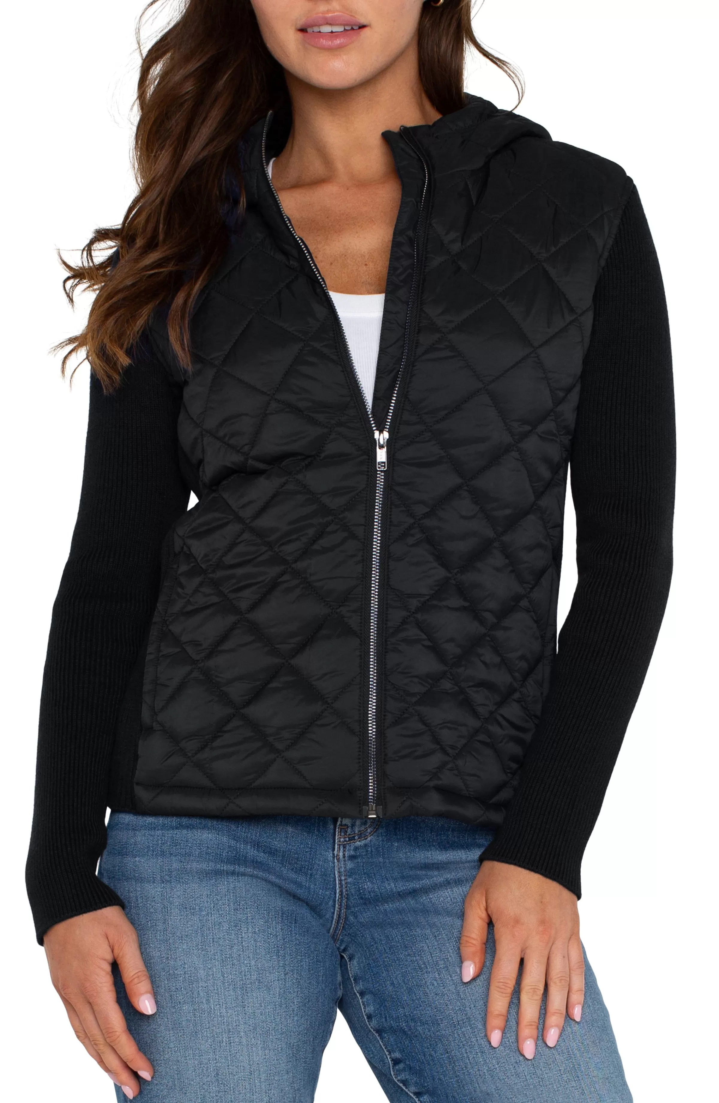 QUILTED FRONT FULL ZIP HOODED SWEATER*Liverpool Los Angeles Hot