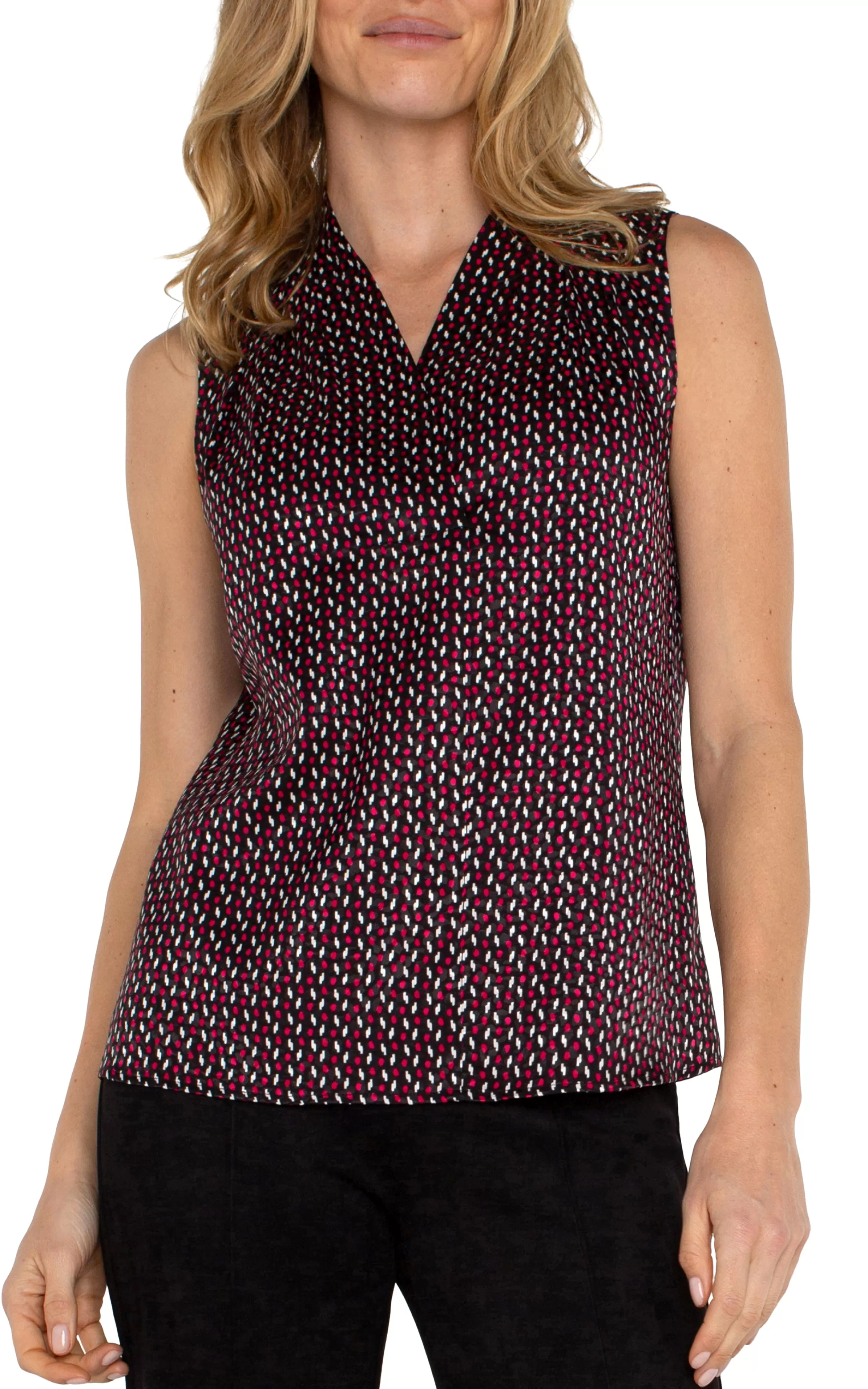 SLEEVELESS PLEATED NECK WOVEN BLOUSE*Liverpool Los Angeles Best Sale