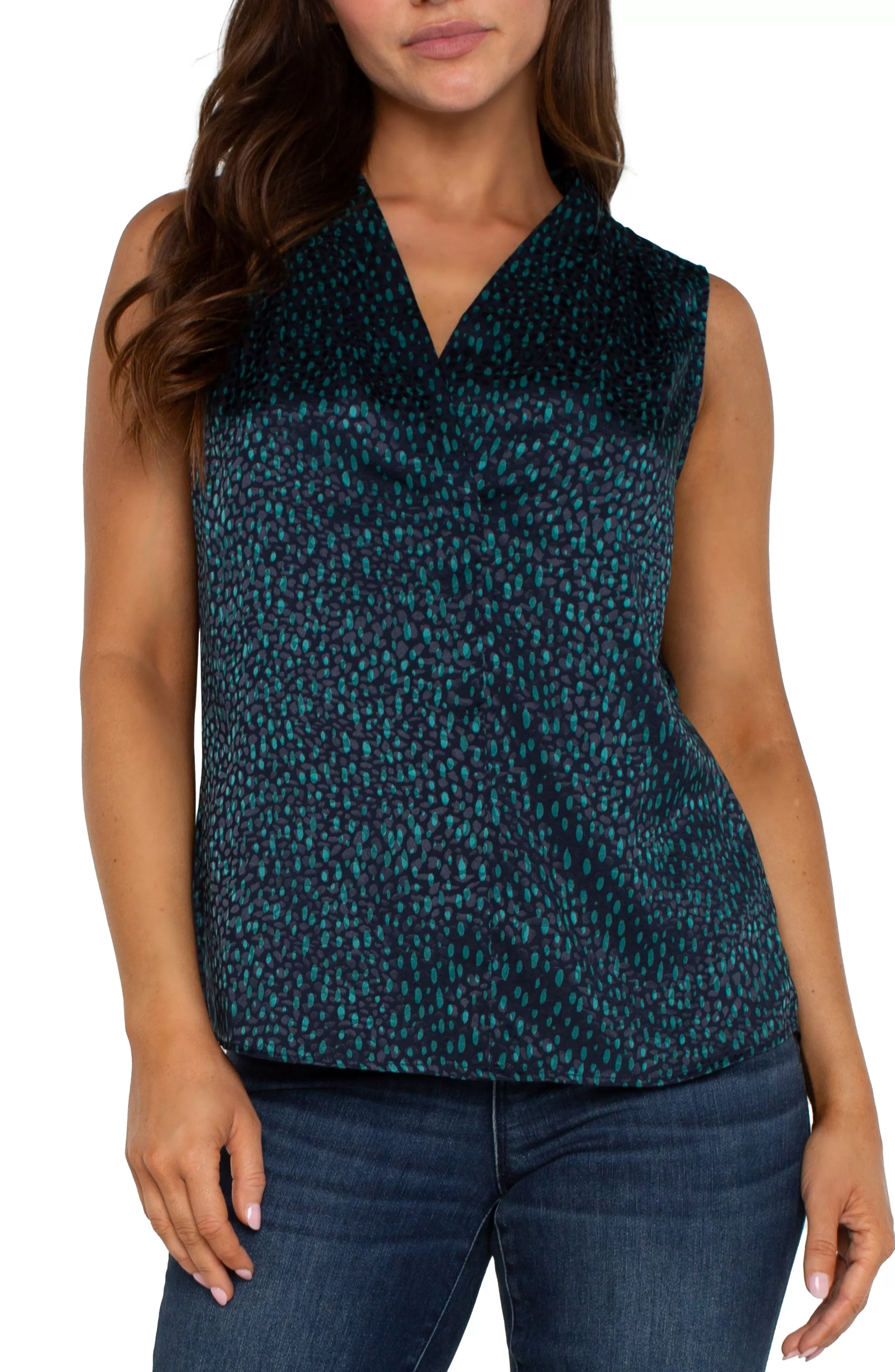 SLEEVELESS PLEATED NECK WOVEN BLOUSE*Liverpool Los Angeles Best Sale