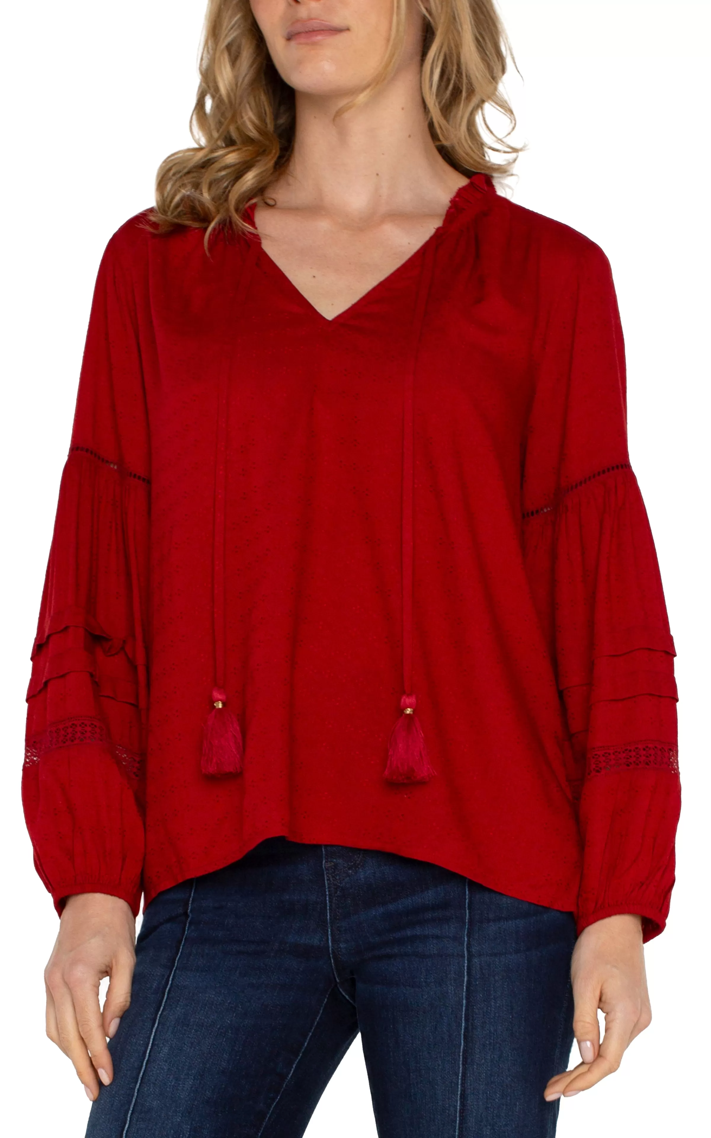 TIE FRONT POPOVER SHIRRED BLOUSE*Liverpool Los Angeles Cheap